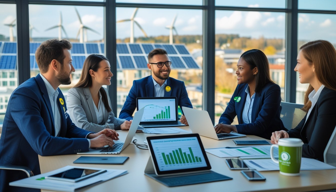 A group of business professionals discussing renewable energy projects around a conference table with laptops and documents, with a cityscape showing solar panels and wind turbines visible through large windows.