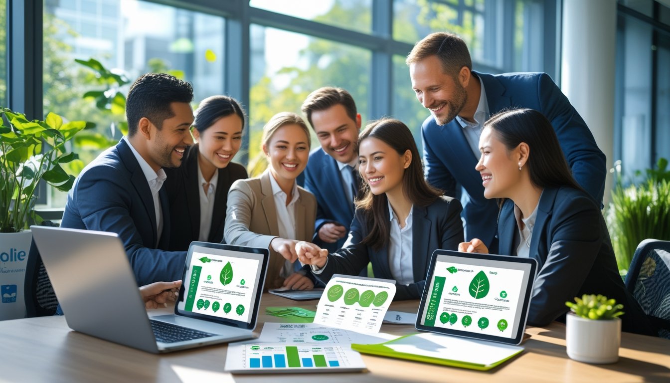A group of business professionals discussing eco-friendly certifications around a table in a bright office with plants and natural light.
