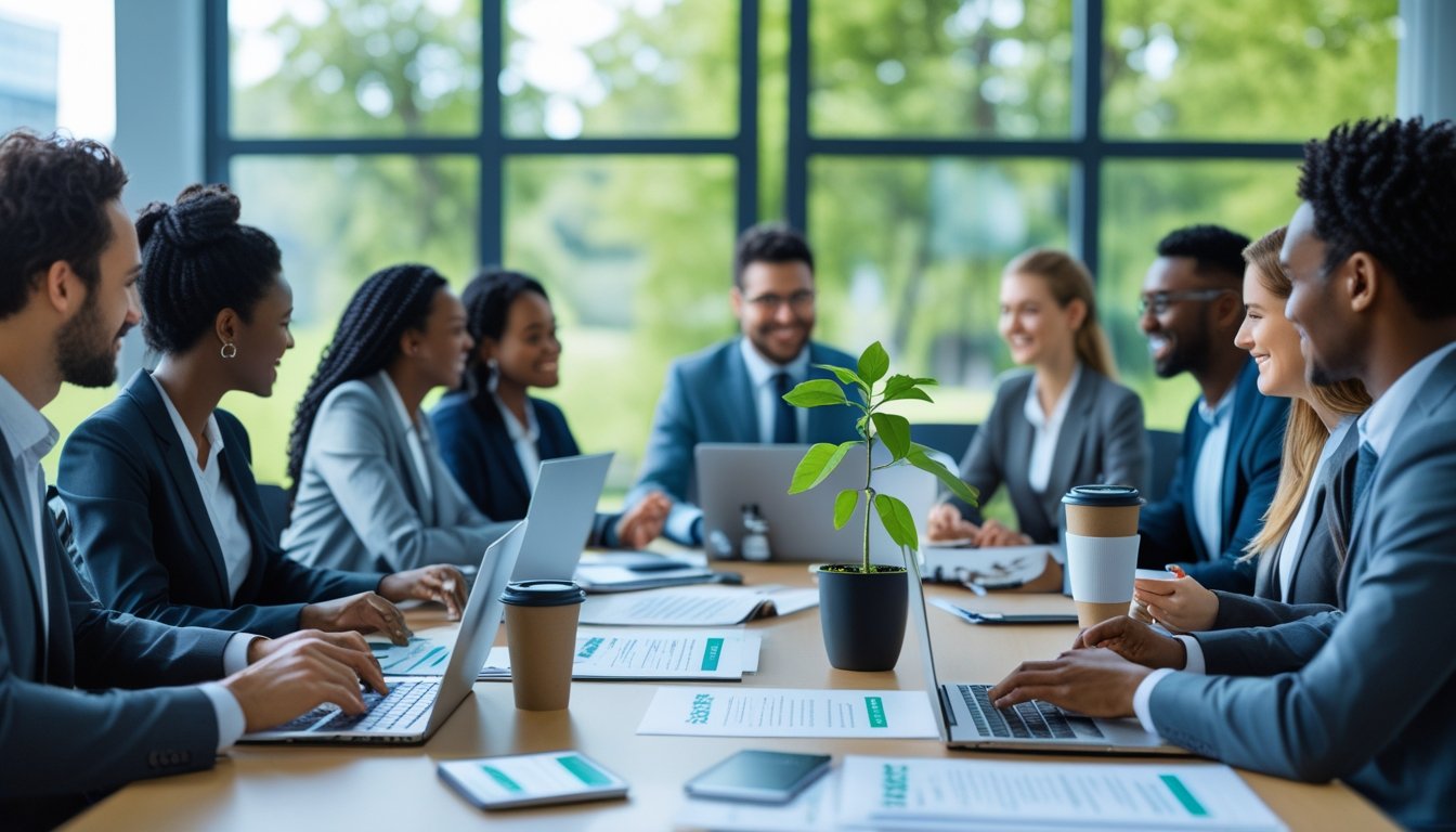 A group of business professionals having a meeting in a bright office with plants and eco-friendly certification symbols visible on digital screens.