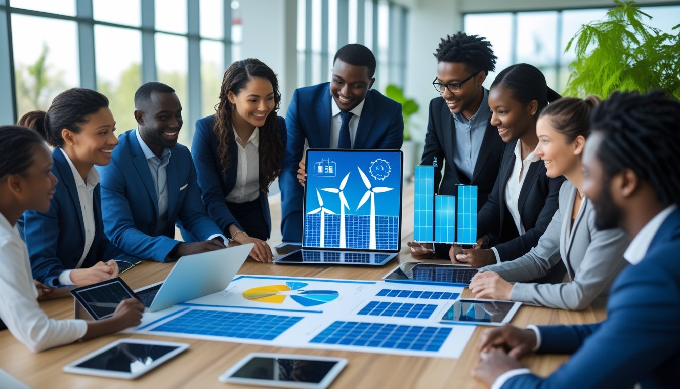 A diverse group of business professionals working together around a table with digital devices and charts about renewable energy in a bright office with plants.