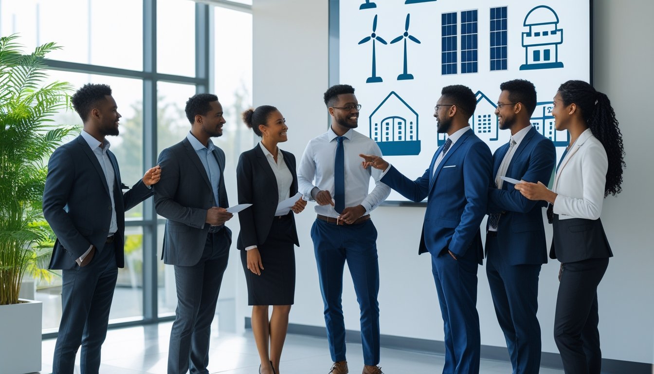 A group of business professionals discussing sustainable energy ideas around a screen showing eco-friendly icons in a bright office with plants.