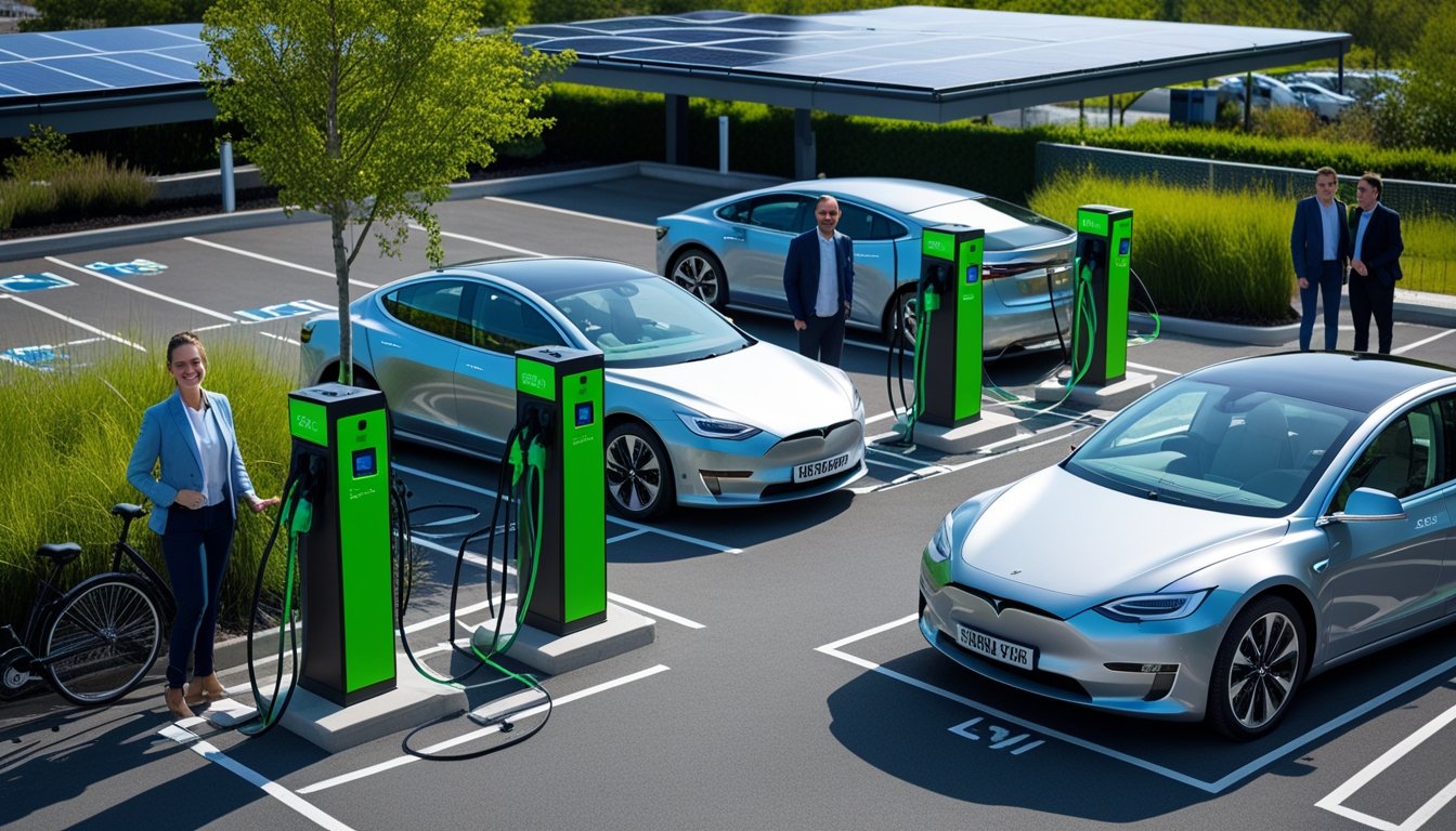 A modern workplace parking area in the UK with electric cars charging at solar-powered stations surrounded by greenery and people.