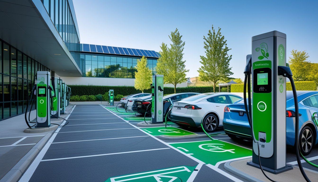 Electric cars charging at green charging stations outside a modern UK office building surrounded by greenery.