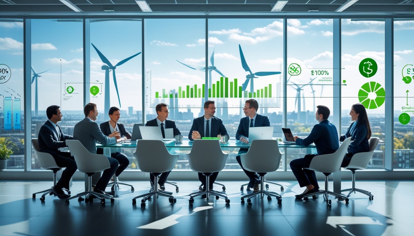 Business professionals in a meeting room with laptops and documents, overlooking a cityscape featuring wind turbines and solar panels.