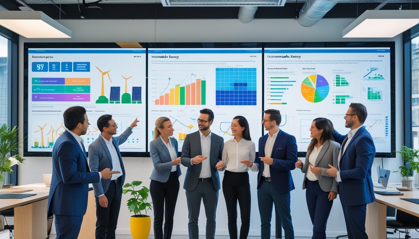A group of UK startup professionals discussing renewable energy solutions around a table with digital charts and eco-friendly office surroundings.