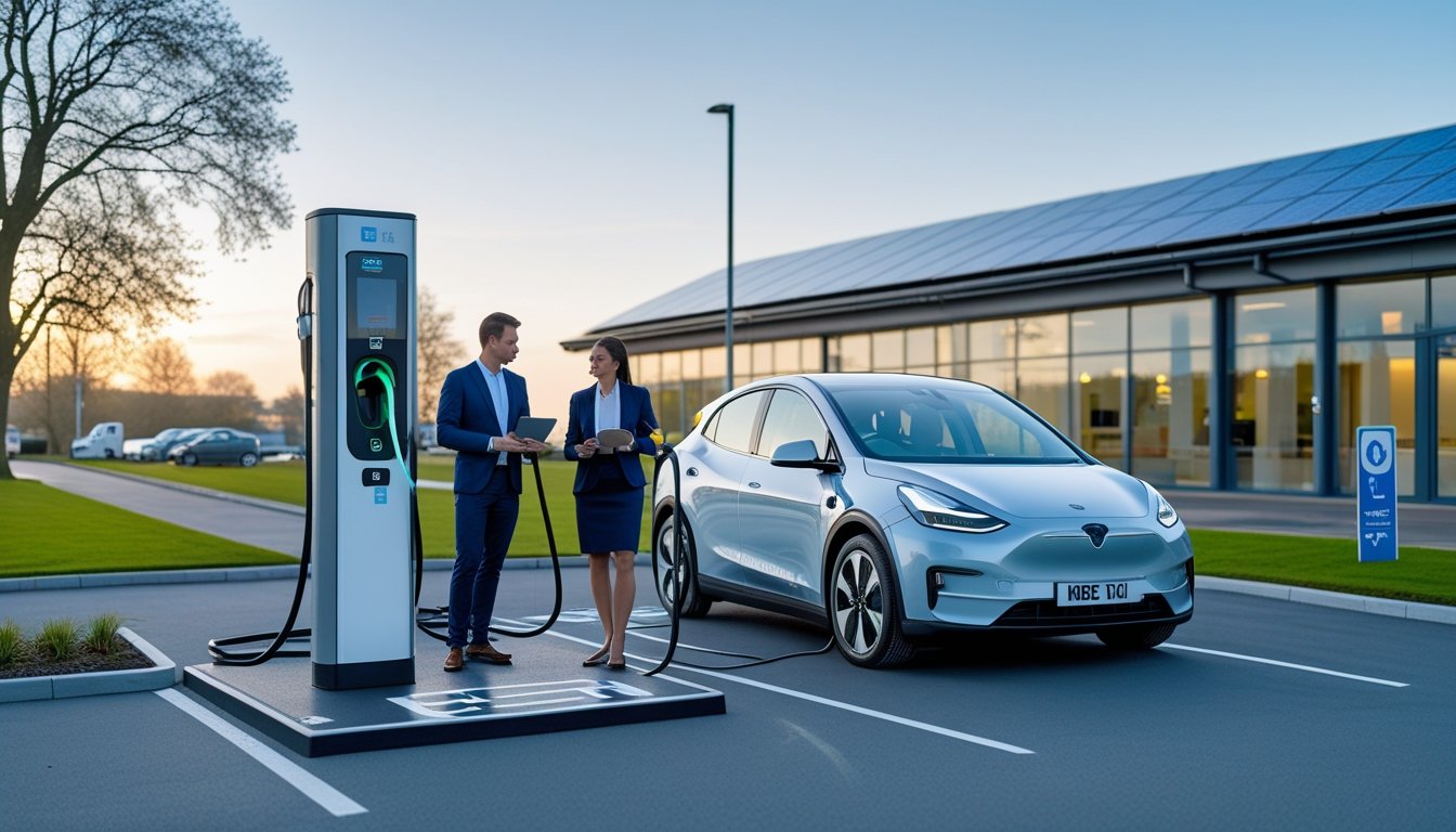 Electric car charging at a station outside modern UK office buildings with business people discussing nearby.