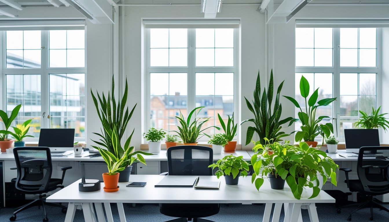 A bright UK office workspace with desks and green plants placed around, creating a fresh and organised environment.