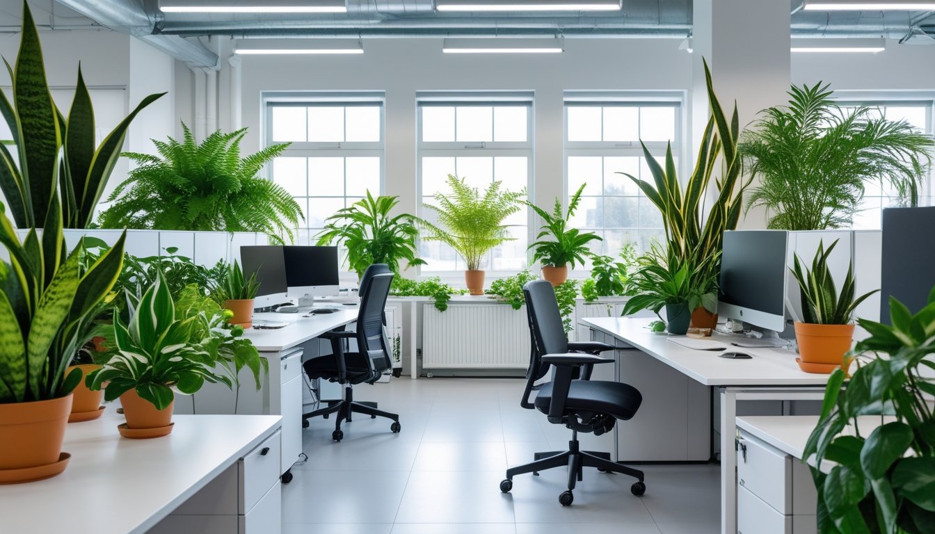 A modern UK office space with desks, chairs, and various green plants placed around the room near windows and on shelves.