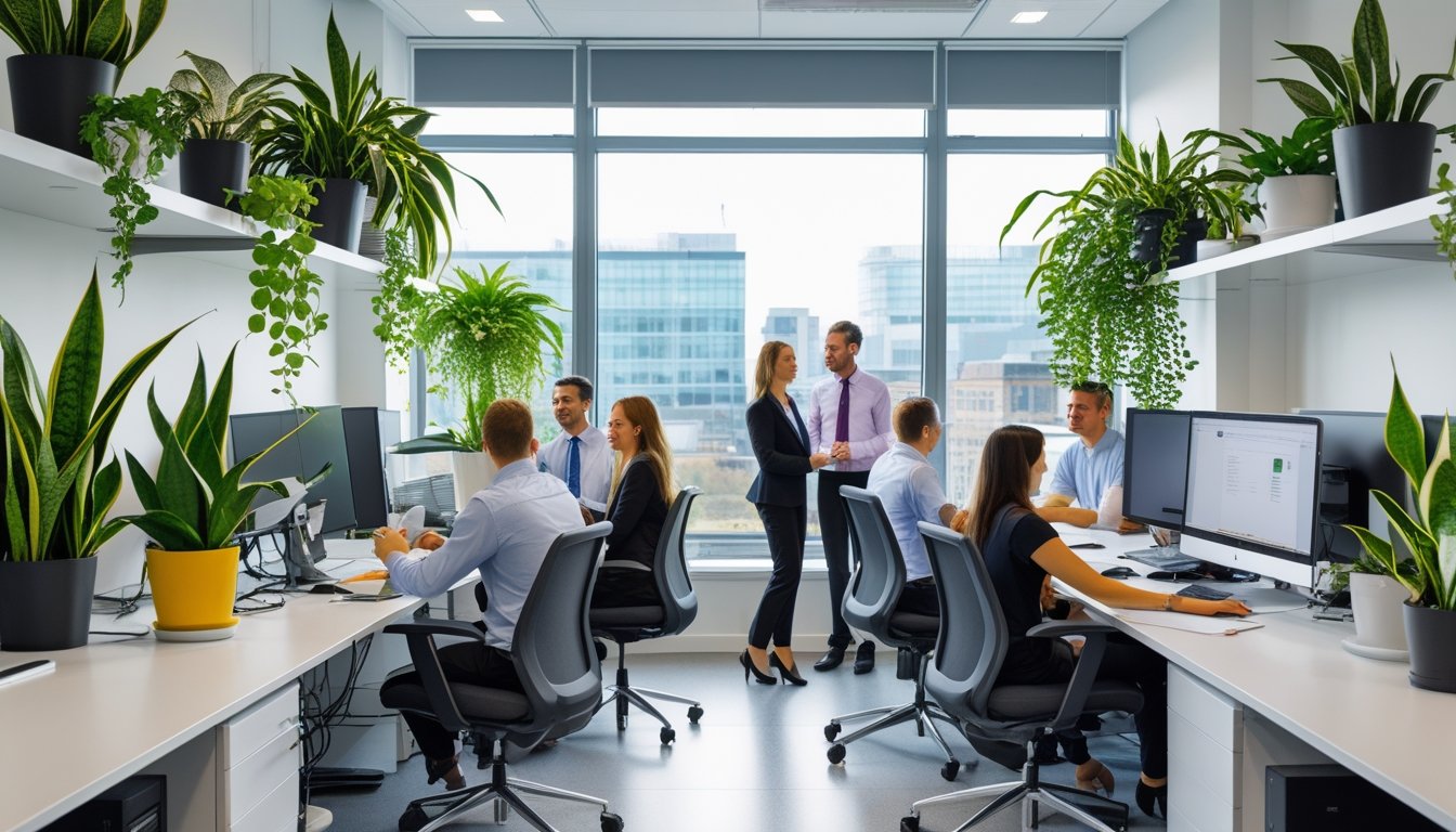 A modern UK office with green plants on desks and shelves, employees working and talking, and large windows showing a city view.