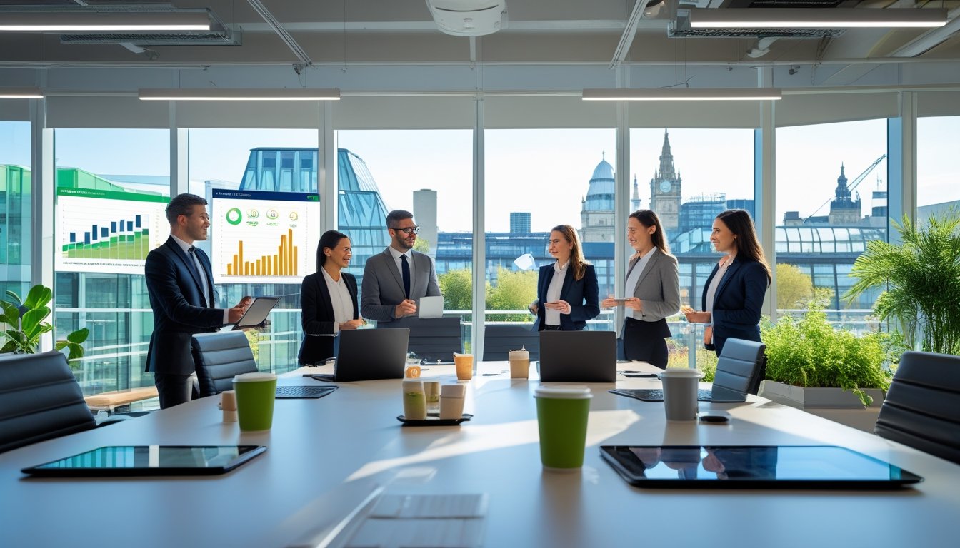 A group of professionals working together around a table in an office with large windows showing a UK cityscape with green rooftop gardens and solar panels.
