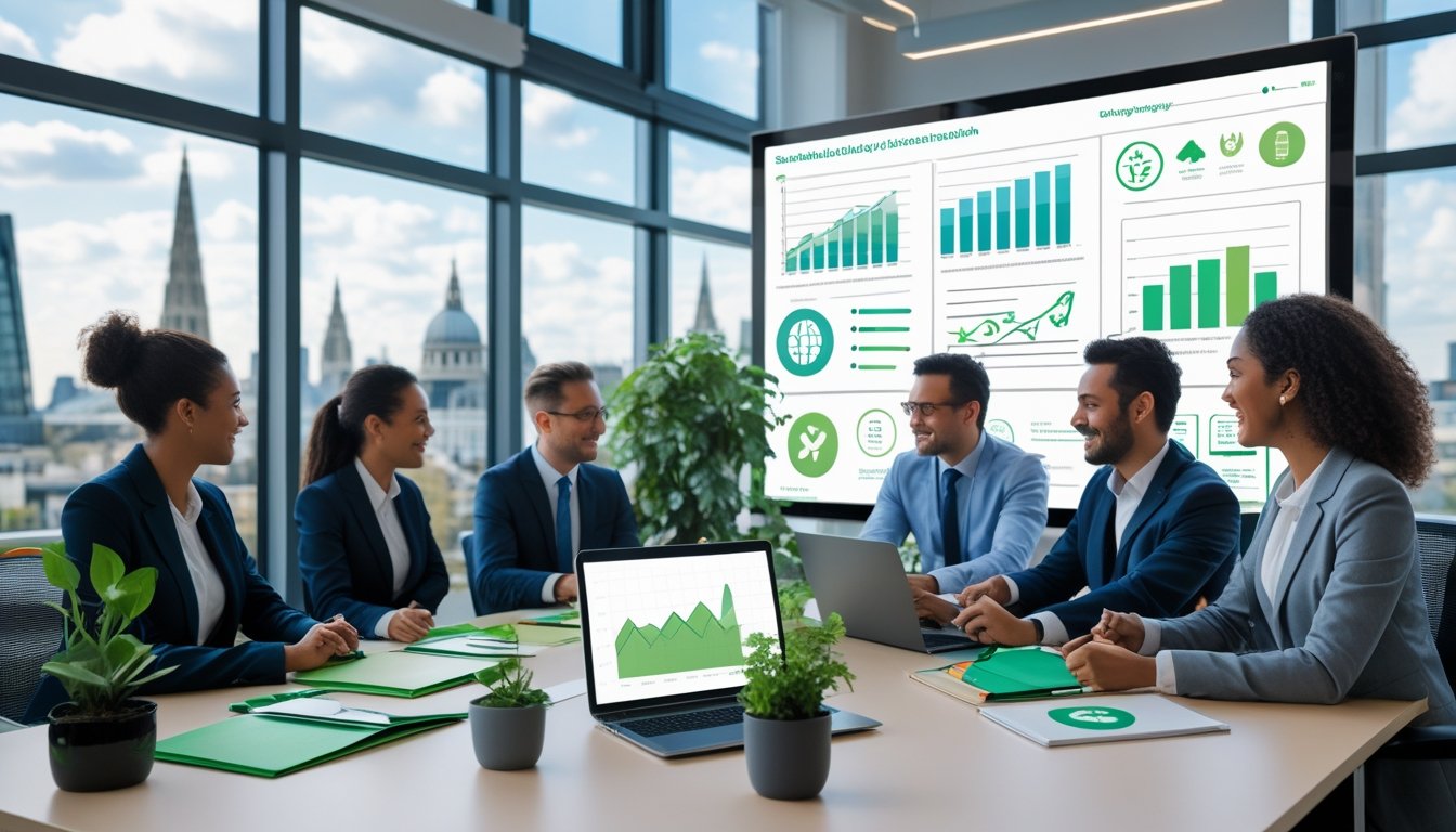 A group of business professionals collaborating in a bright office with a city view, surrounded by eco-friendly materials and digital charts about sustainability.