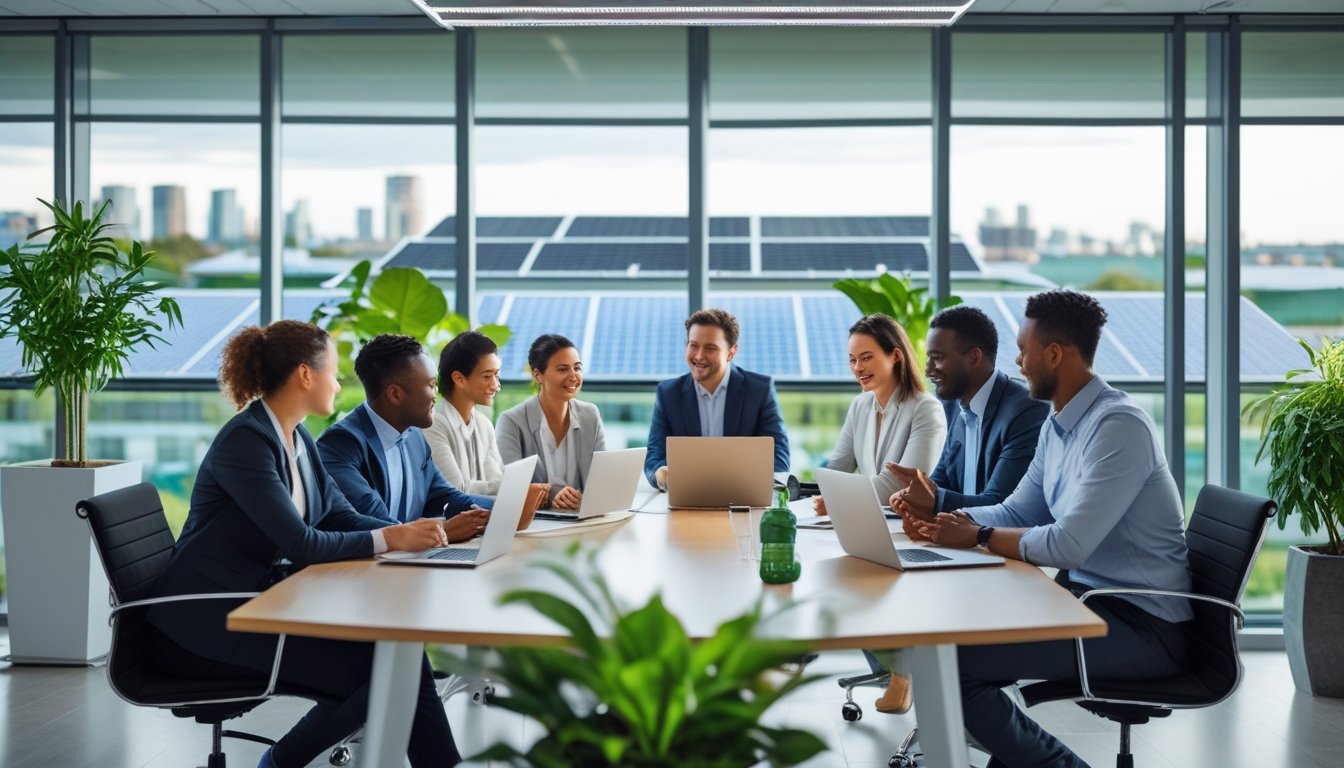 A group of diverse business professionals having a meeting in a bright office with green plants and a city view featuring sustainable buildings.