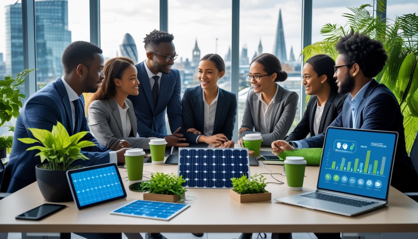 A group of business professionals working together in a bright office with plants and digital devices, overlooking a cityscape with UK landmarks.