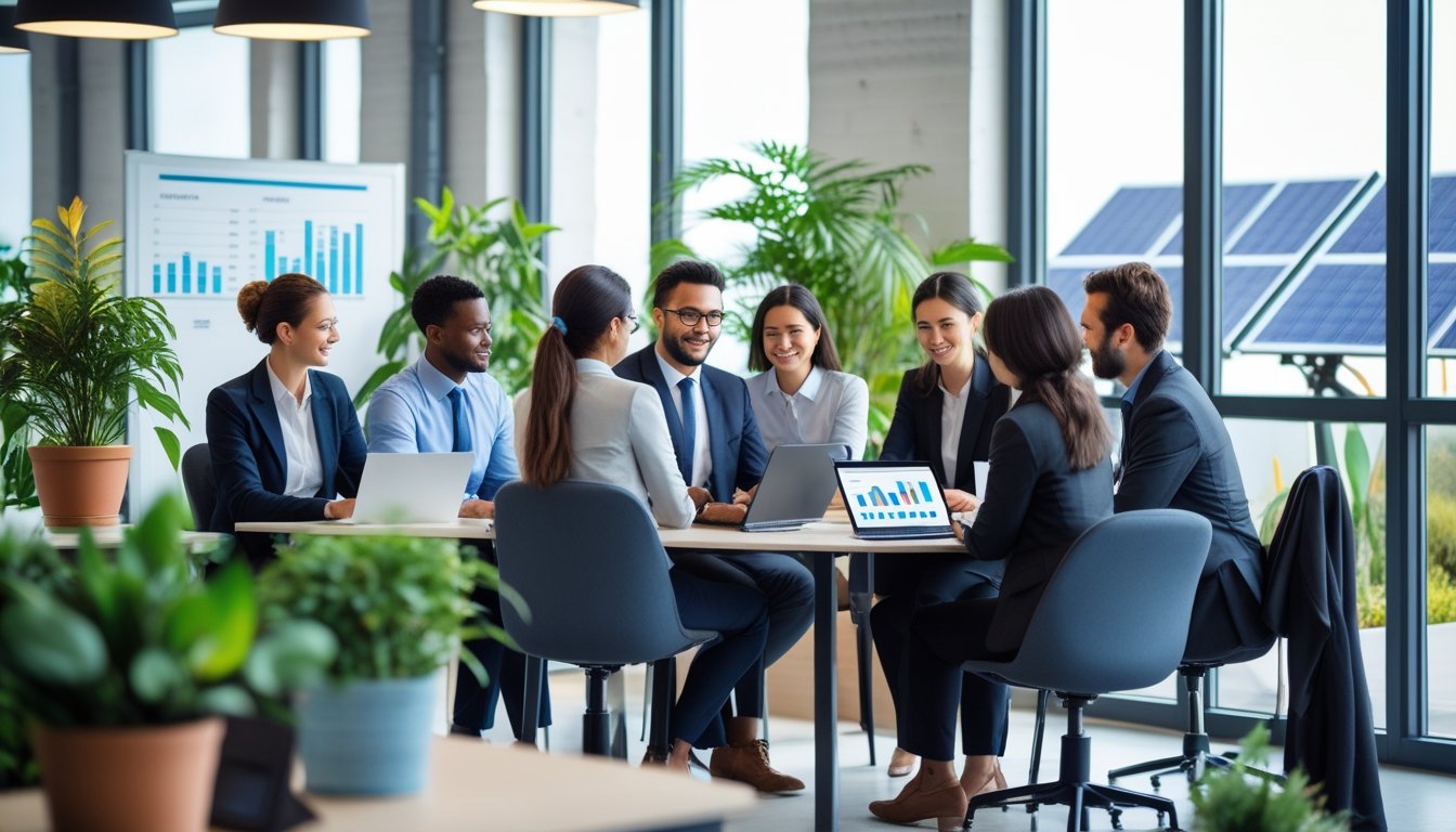 A group of business professionals collaborating in a bright office with plants and natural light, surrounded by technology and eco-friendly elements.