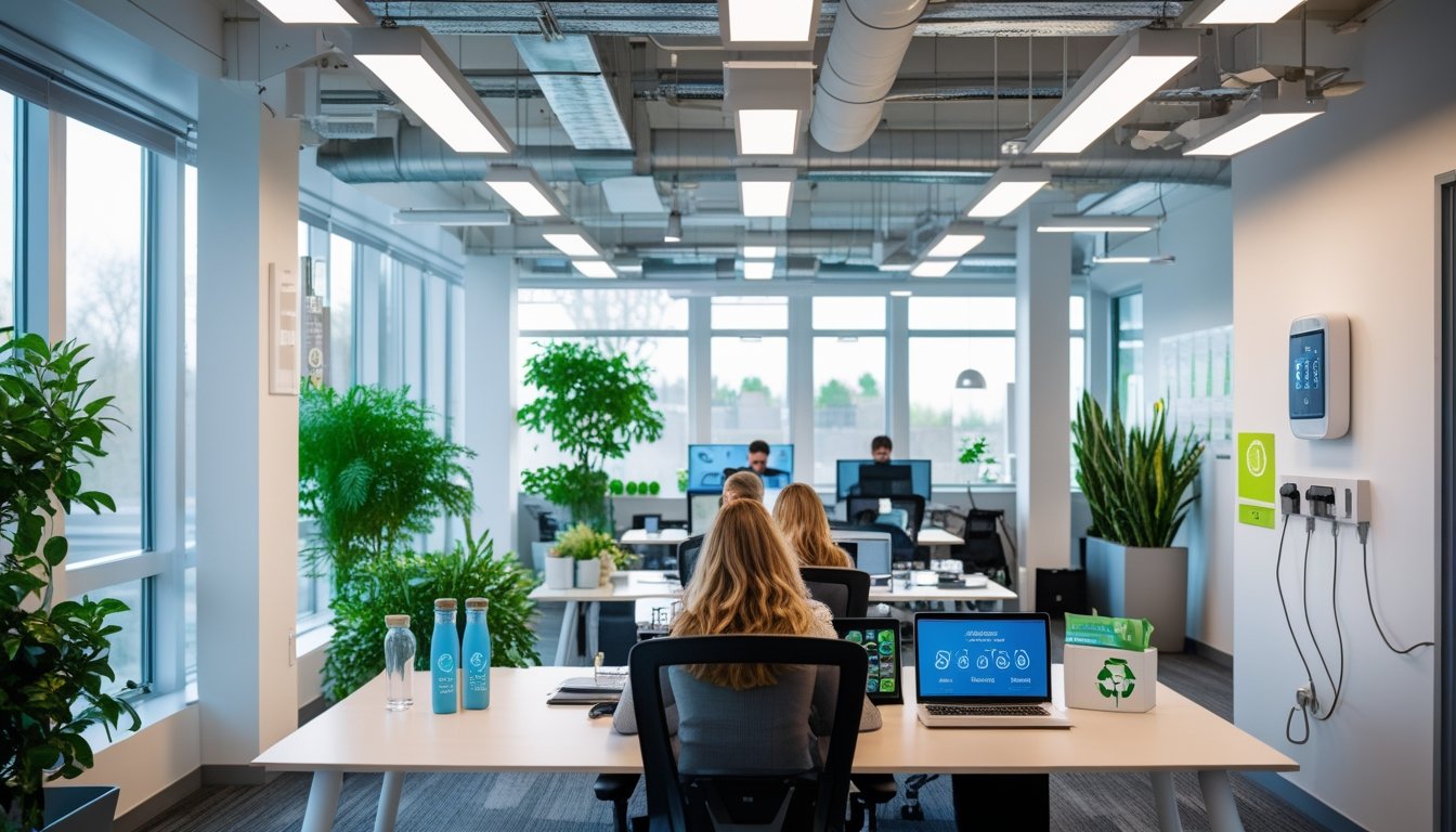 A modern office with employees working at desks, large windows letting in natural light, plants, and visible energy-saving devices.