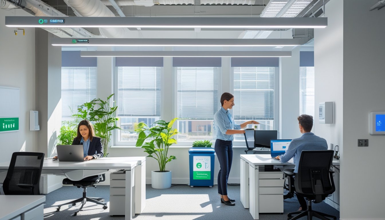 Employees working in a modern office with natural light, plants, and energy-saving features like LED lights and a smart thermostat.