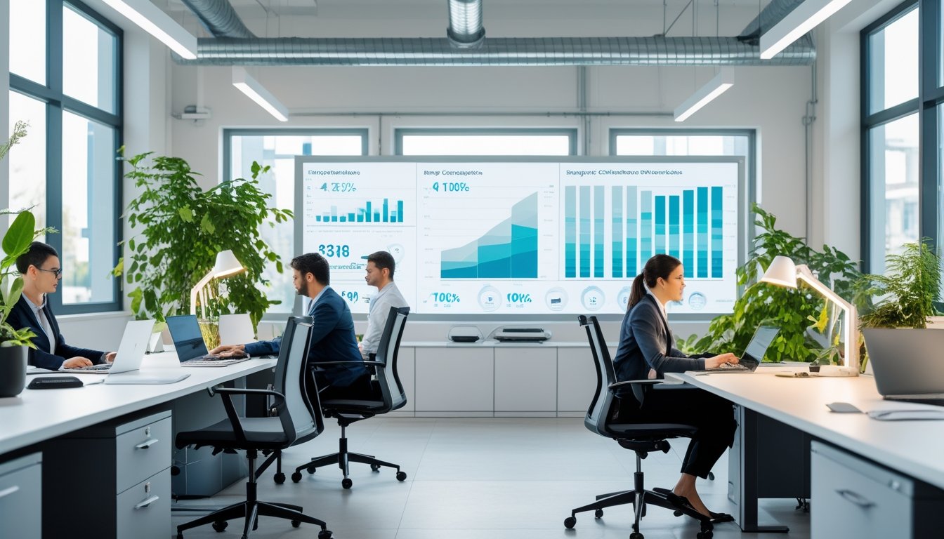 Modern office with large windows, energy-efficient lighting, green plants, and employees working collaboratively at desks.