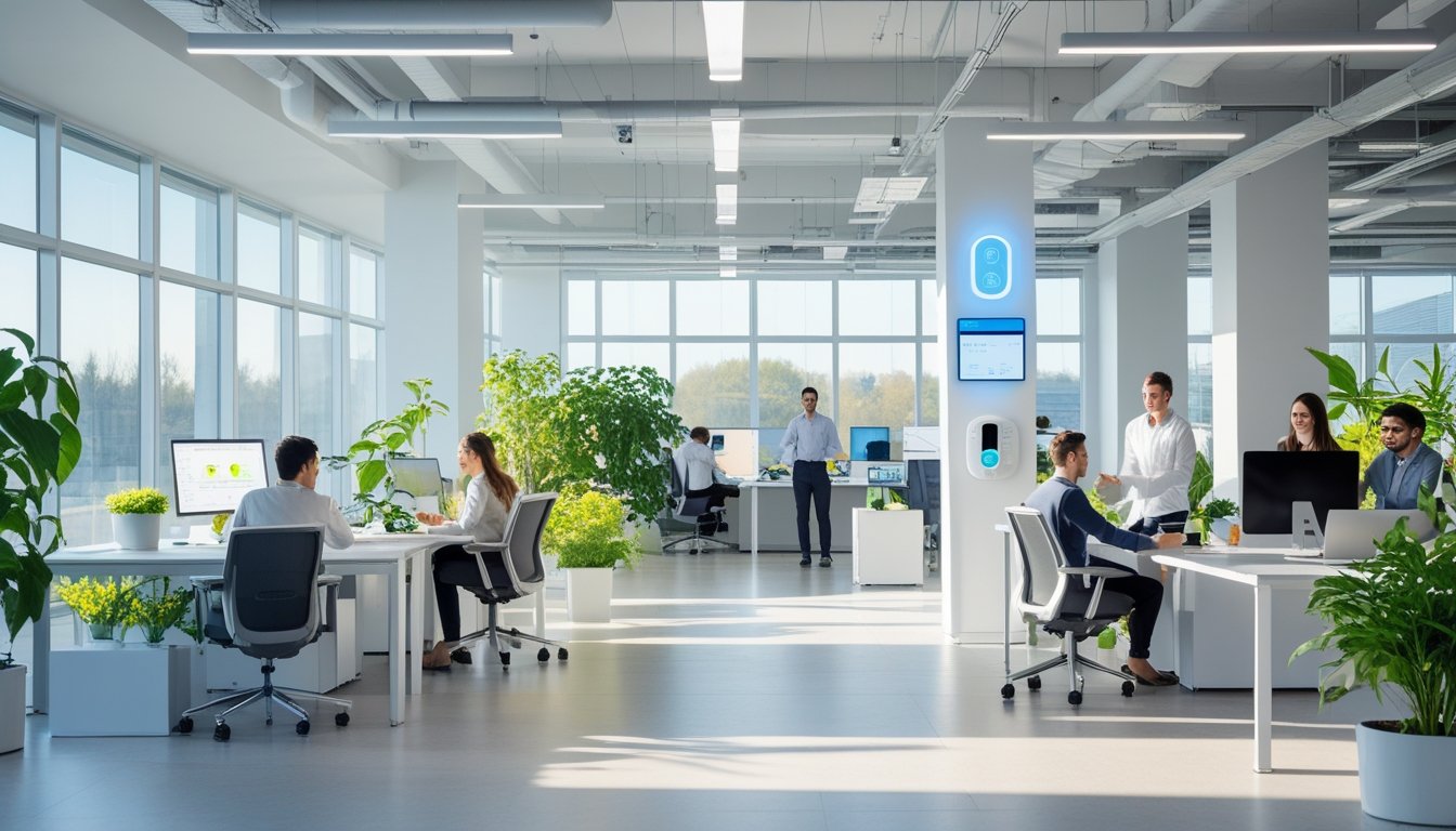 A bright modern office with large windows, employees working together, green plants, and energy-efficient devices visible in the background.