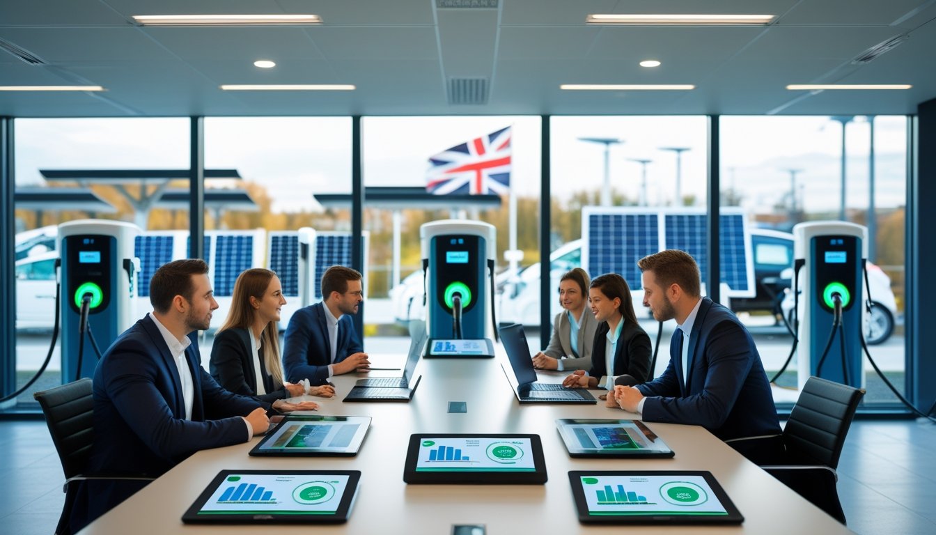 A group of business professionals meeting in a modern office with a city view showing electric vehicles charging outside.