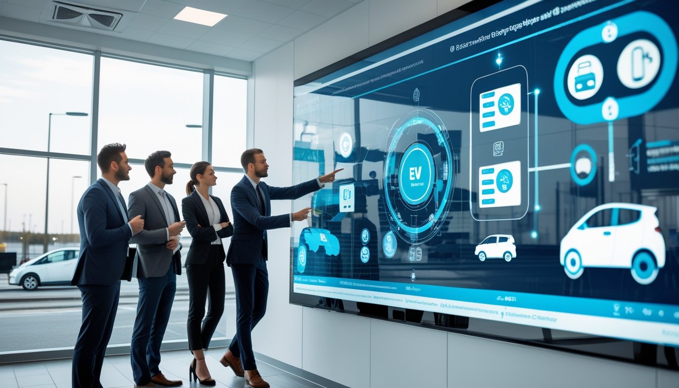 A group of UK business professionals discussing electric vehicle policy changes around a digital display in a modern office with a city view showing electric cars and charging stations.
