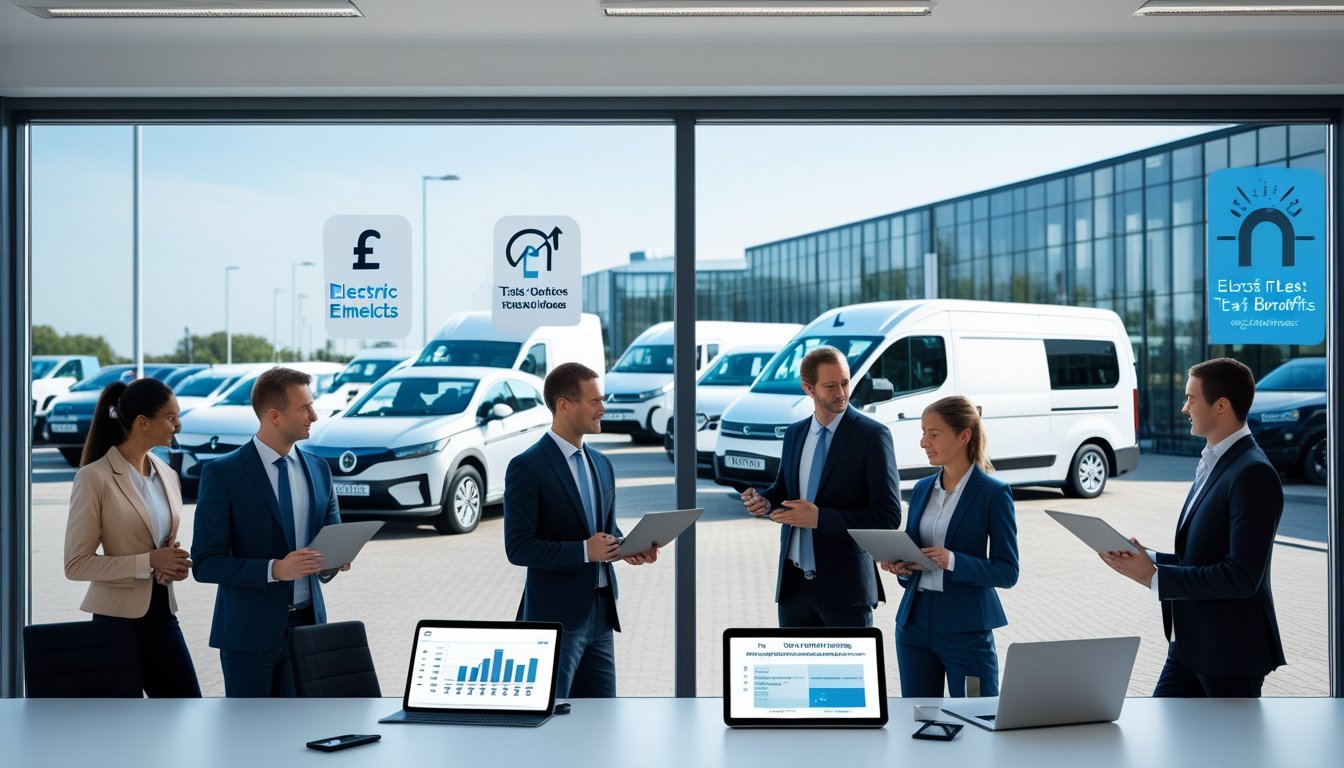 Business professionals discussing electric vehicles and tax benefits around a conference table with electric fleet vehicles visible outside an office building.