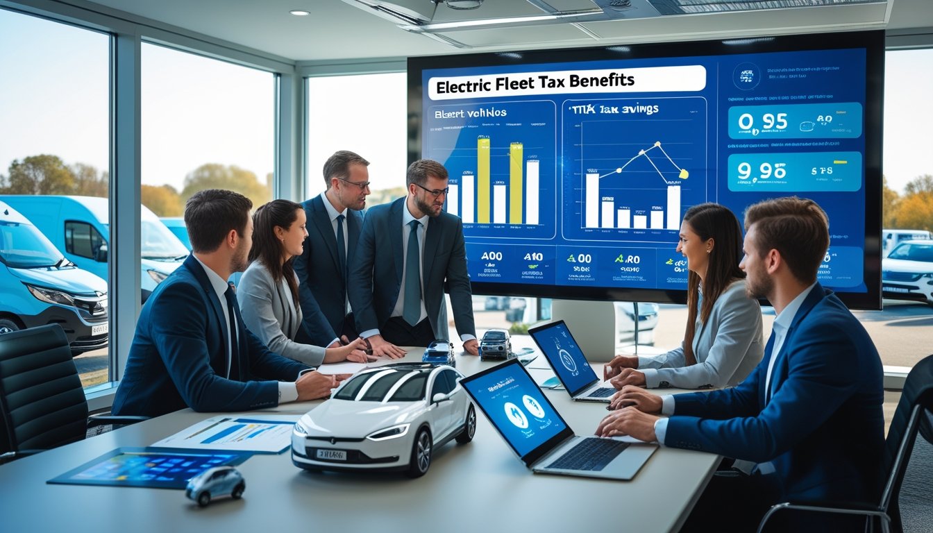 Business professionals in an office discussing electric vehicles and tax benefits with digital charts and electric vehicle models on the table, cityscape with electric vans visible outside.