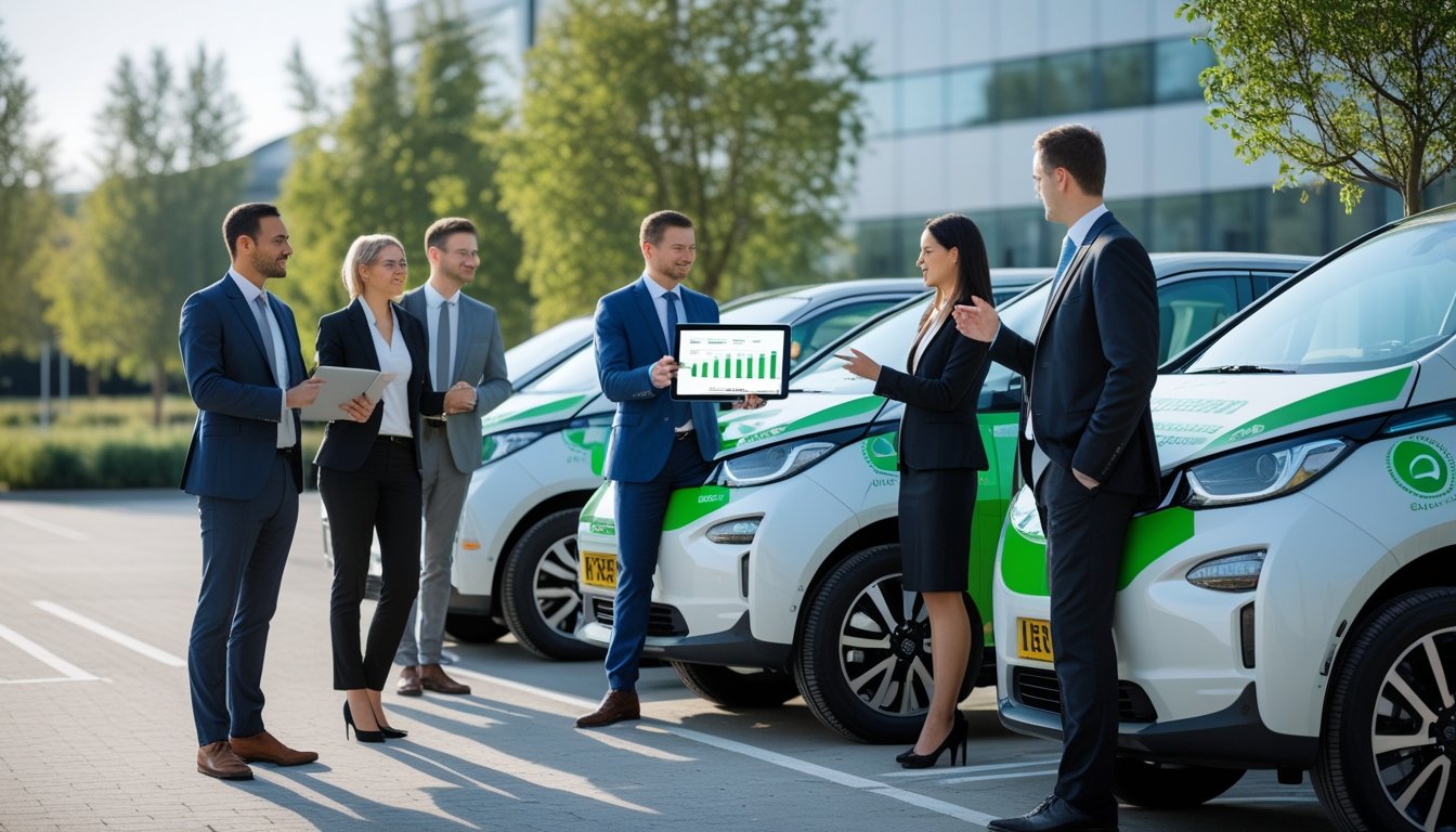 Business professionals discussing eco-friendly electric and hybrid cars outdoors in a UK urban setting with greenery.