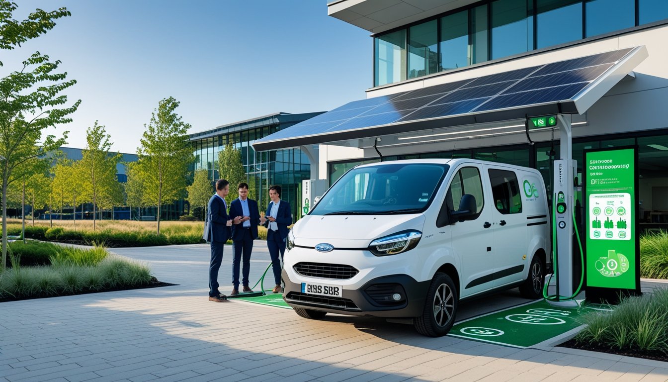 An electric van charging at a station outside a modern office building with business people nearby and greenery around.