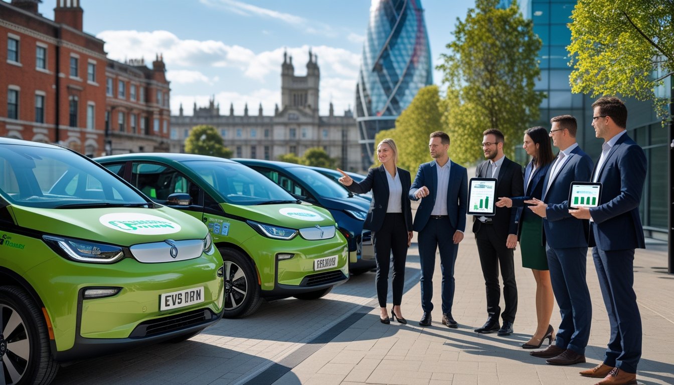 Businesspeople discussing electric and hybrid cars in an urban UK setting with iconic buildings in the background.