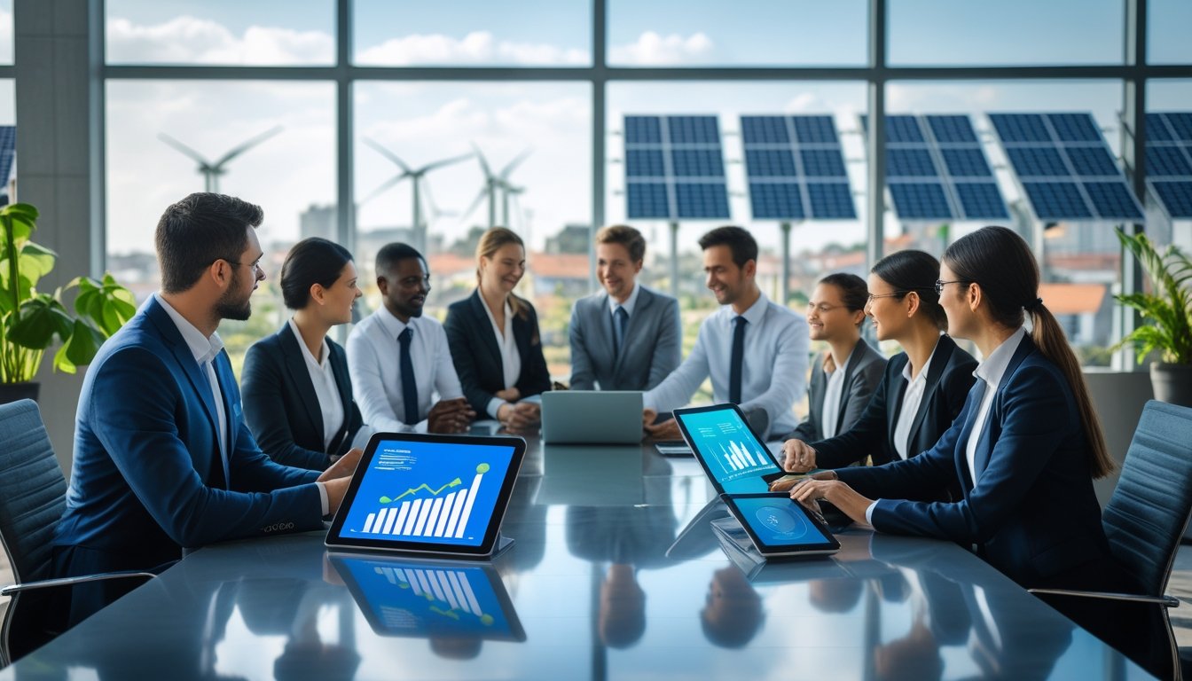 Business professionals collaborating in a modern office with views of solar panels and wind turbines outside.