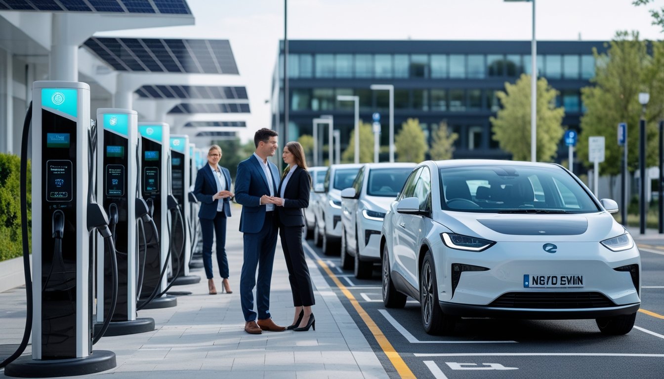 Electric cars charging at stations outside a modern office building with business people nearby in a UK urban setting.