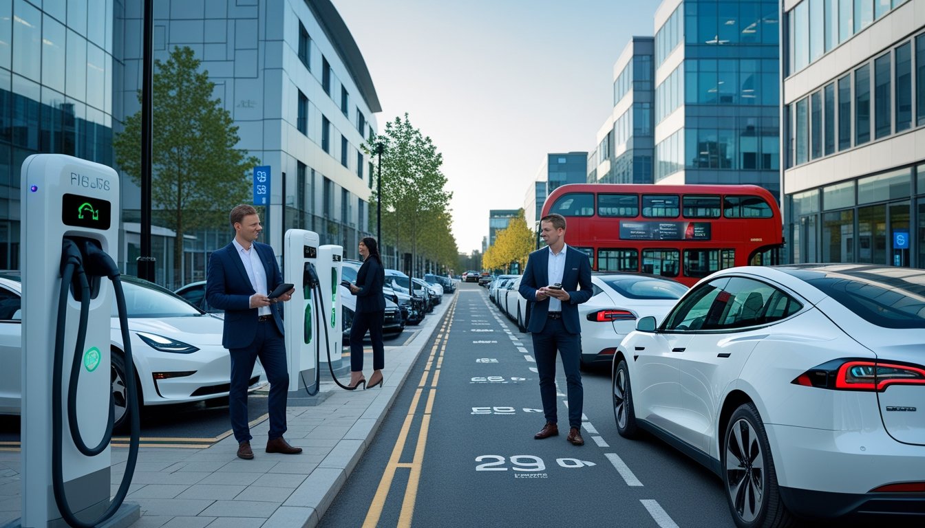 Electric cars charging and driving in a UK city street with businesspeople nearby and office buildings in the background.