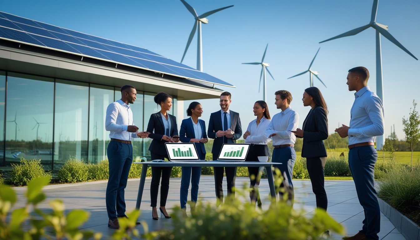 Business professionals discussing green technology outside a modern office building with solar panels and wind turbines in the background.