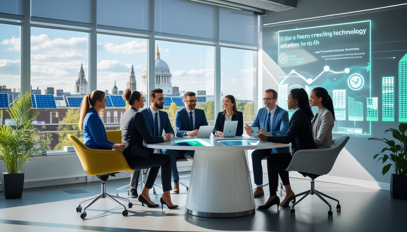 A group of business professionals discussing green technology in a modern UK office with plants and city buildings visible through large windows.