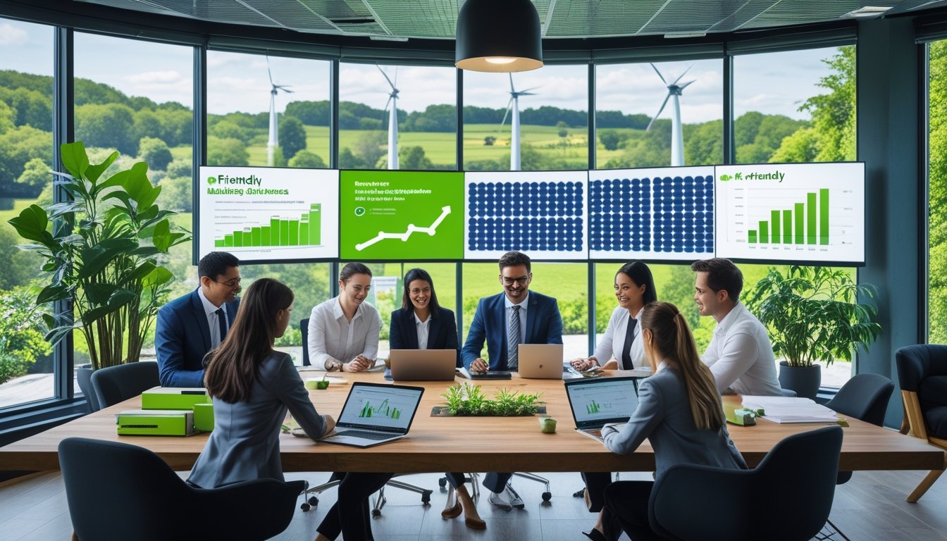 A group of business professionals working together around a table in an office with plants and large windows showing green urban scenery.