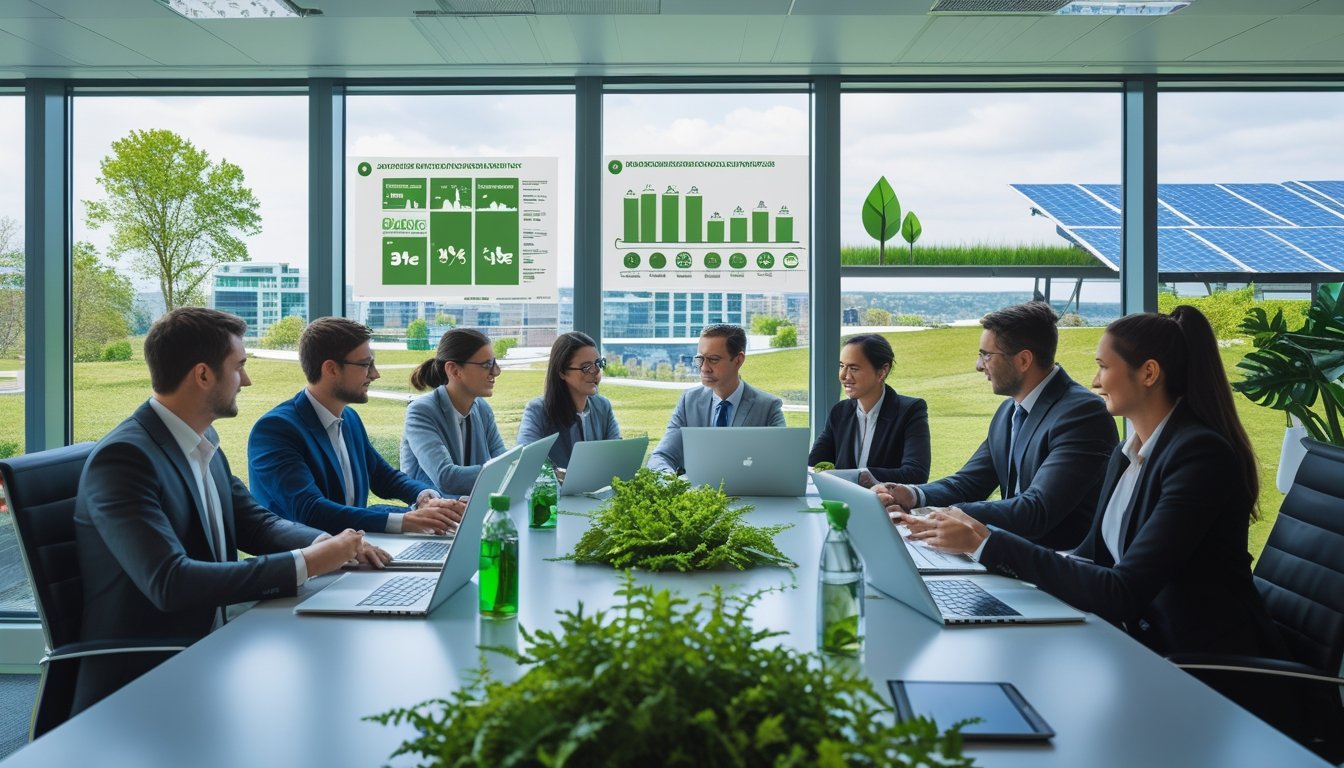 A group of business professionals working together around a table in an office with a city view featuring green rooftops and solar panels.