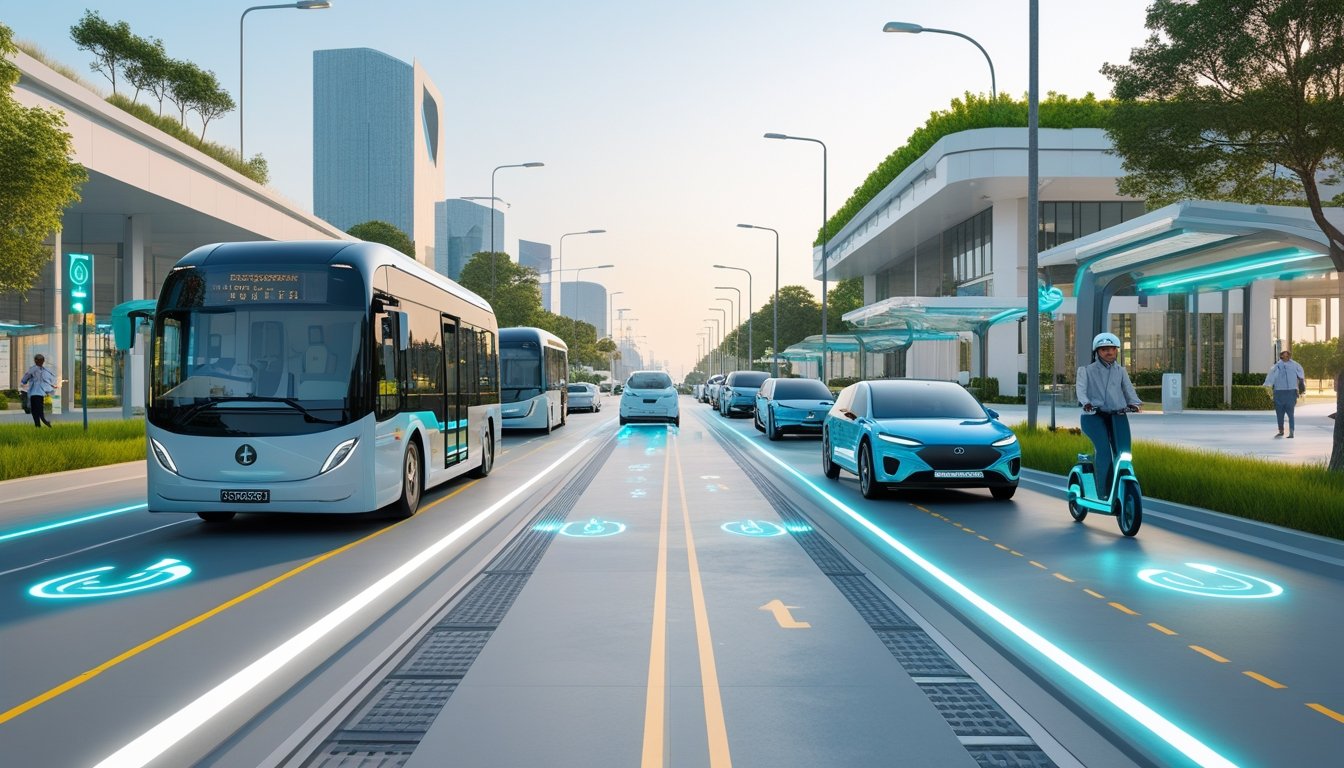 A modern city street with electric buses, cars, scooters, and bicycles, surrounded by green buildings and sustainable infrastructure.