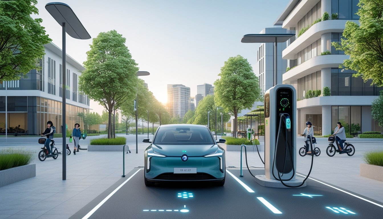 A city street with an electric car charging, people using electric scooters and bikes, modern buildings with solar panels, and green trees.