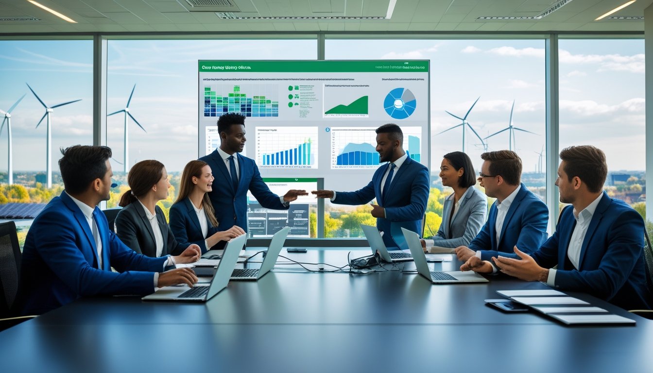 A group of UK business professionals in a meeting room discussing green supply chain strategies with digital charts and a city view featuring renewable energy installations.