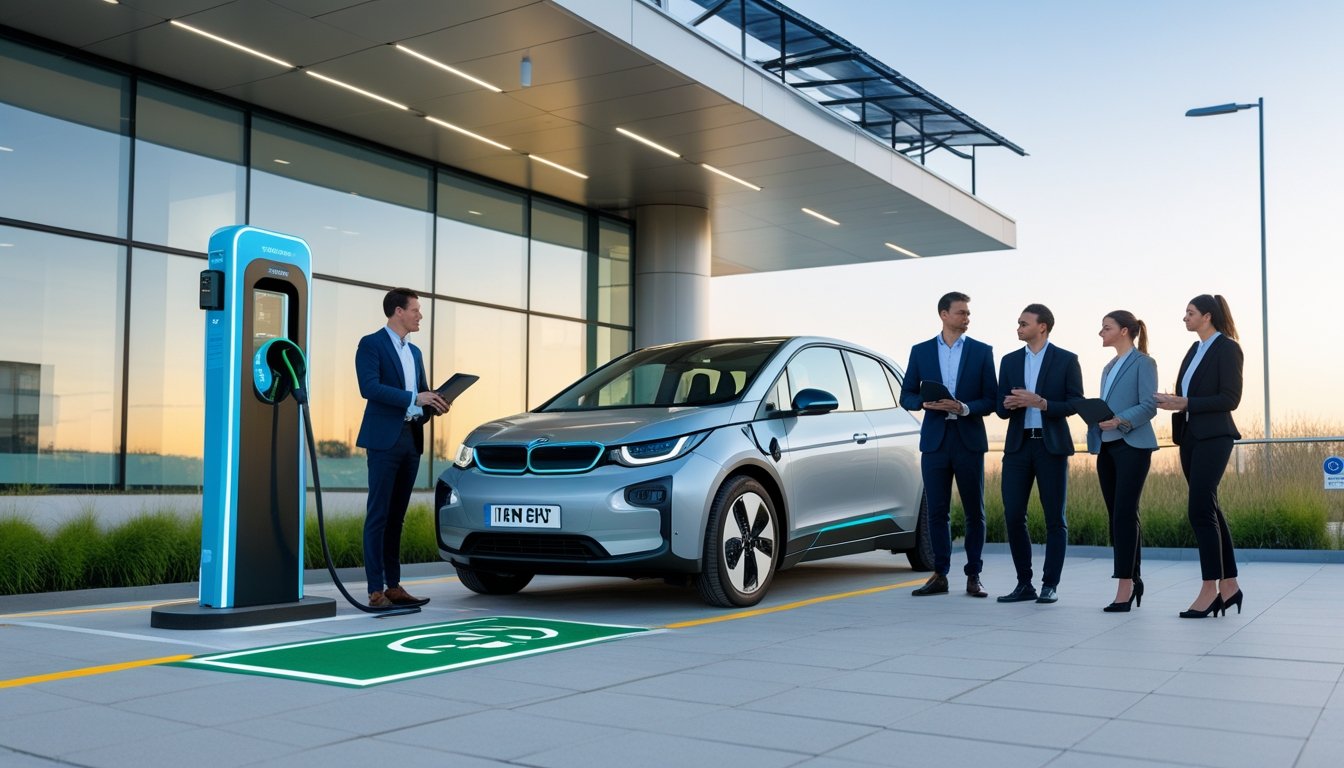 Electric vehicle charging outside a modern UK office building with businesspeople discussing nearby, surrounded by greenery and solar panels.