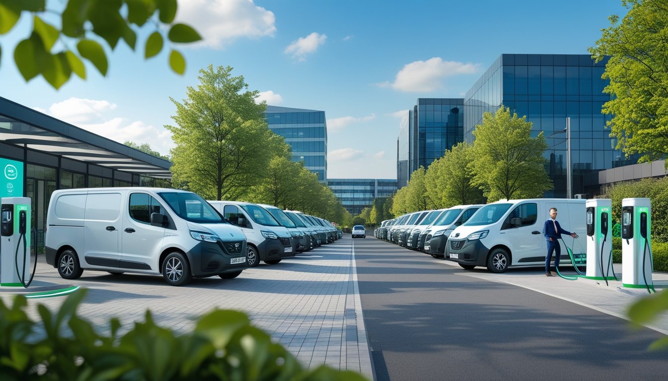 Electric vehicles parked and charging in a UK business district with office buildings and green trees, business people nearby.