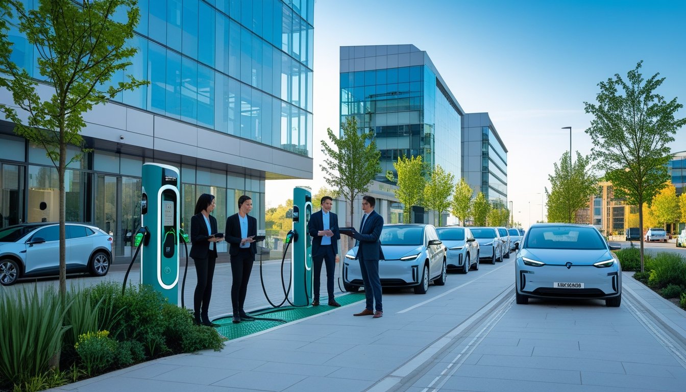 Electric cars charging on a clean street in a UK business district with professionals nearby and modern office buildings in the background.