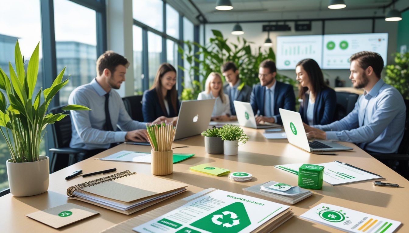 A modern office desk with eco-friendly supplies like recycled notebooks and bamboo pens, surrounded by green plants and professionals working together.
