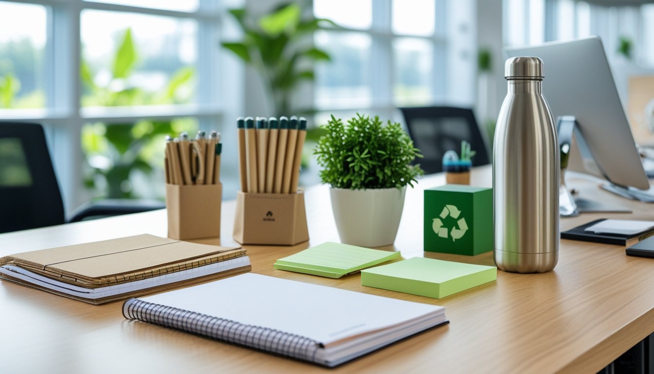 A modern office desk with eco-friendly office supplies including recycled notebooks, bamboo pens, a reusable water bottle, and a small plant, with natural light and greenery in the background.