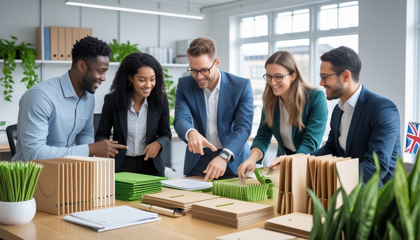 A group of professionals in a bright office examining eco-friendly office supplies like recycled notebooks and bamboo pens on a wooden table with plants and large windows in the background.