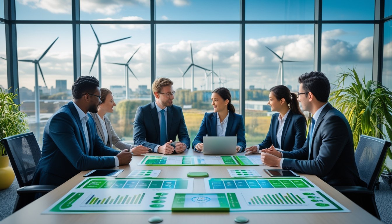 Business professionals in a modern office discussing green certification documents with a city view showing wind turbines and solar panels outside.