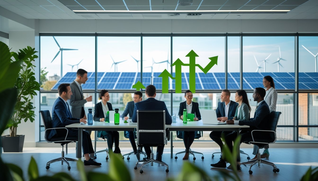 A group of business professionals meeting around a table in an office with plants and a city view showing solar panels and wind turbines.