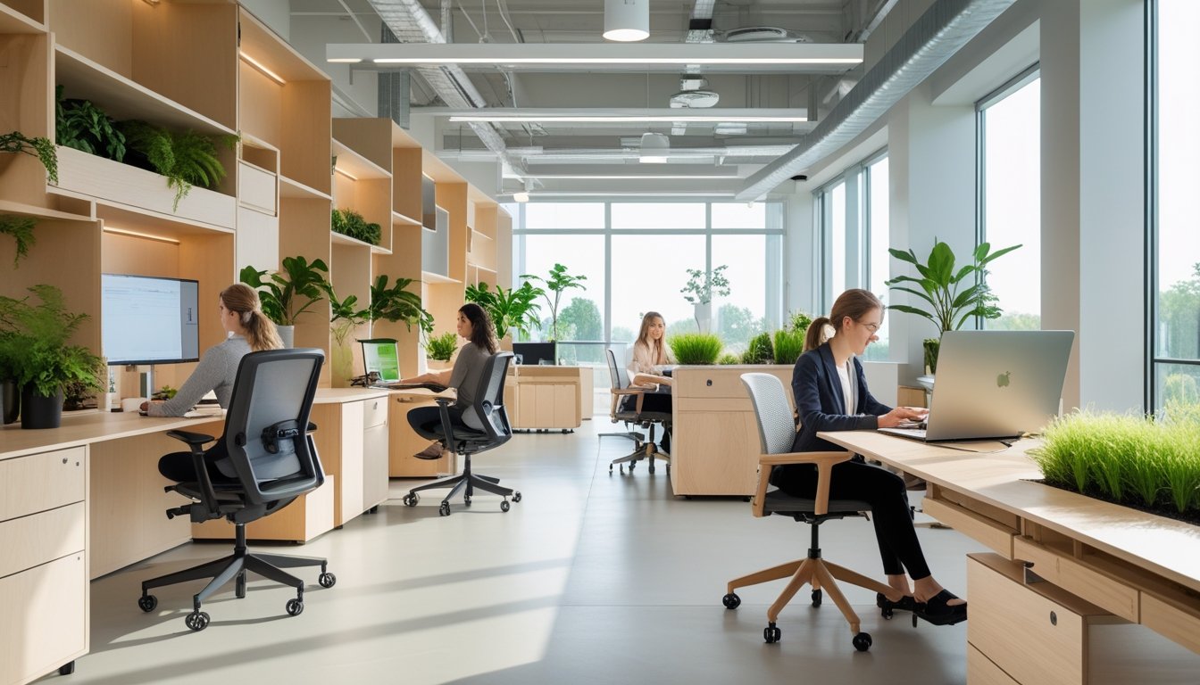 A modern office with sustainable furniture, natural light, plants, and people working collaboratively.