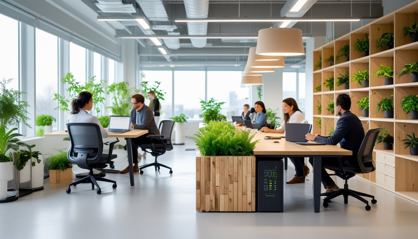 A modern office with sustainable furniture, green plants, and people working together.