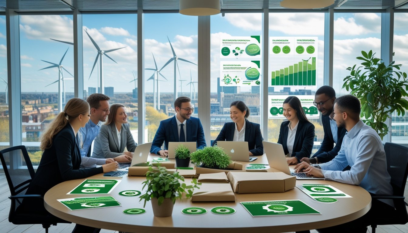 Business professionals working together in an office with plants and eco-friendly materials, overlooking a UK city with wind turbines and solar panels.